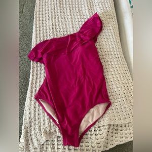 One piece off the shoulder pink swim suit